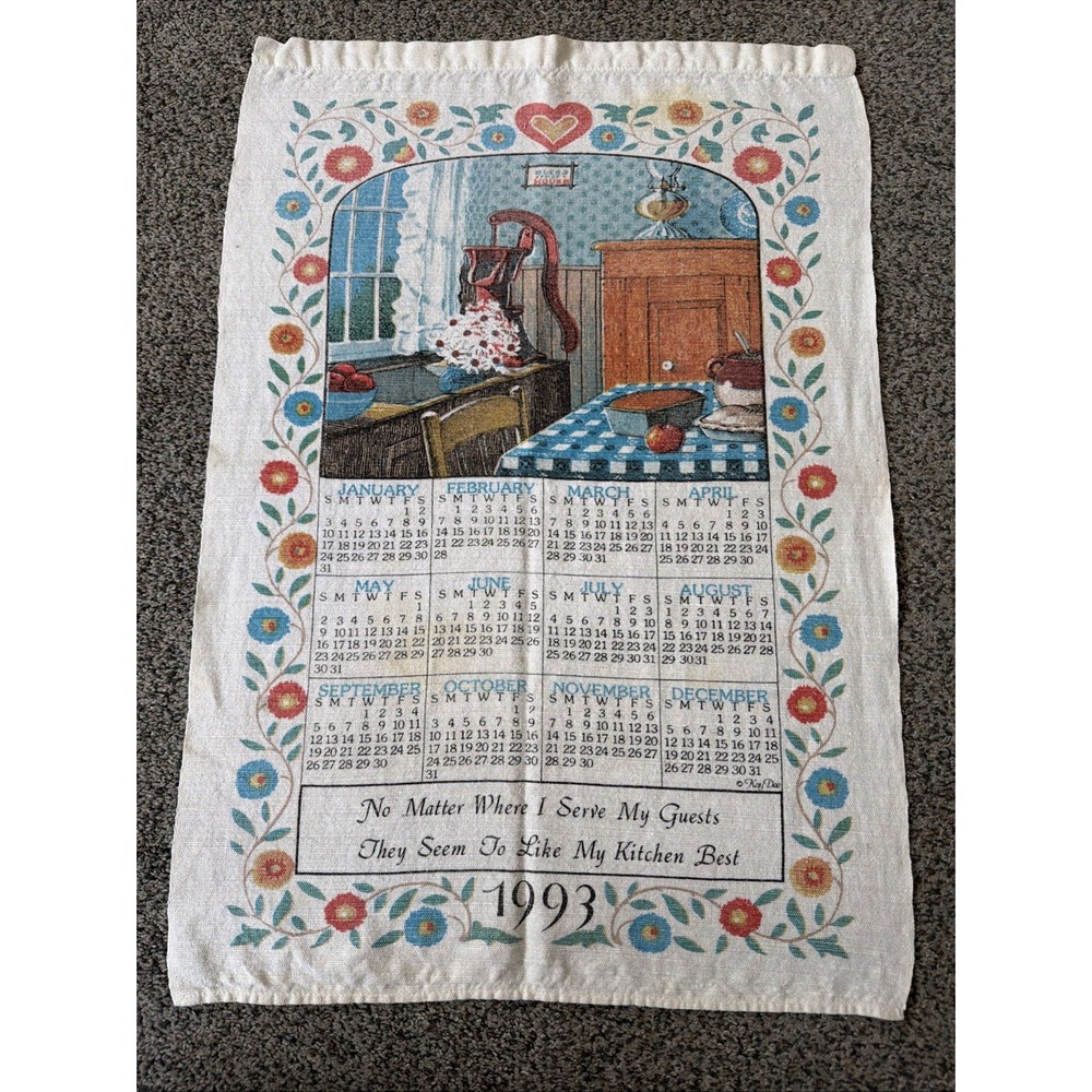 Vintage 1993 Cotton Calendar Kitchen Tea Towel Farm House Kitchen Baking Quote